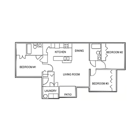Floor plan for 3 beds, 2 baths, 1123 sqft